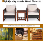 COSTWAY 3 Pieces Wicker Patio Furniture Set, Outdoor Wicker Sofa with Acacia Wood Frame, Coffee Table & Washable Cushions, Rattan Conversation Sets for Yard, Porch, Bistro, Balcony, Backyard, Beige