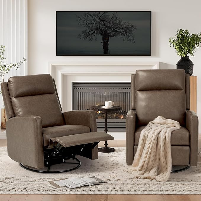 Swivel Rocking Recliner,Wide PU Leather Glider Sofa Chair with Ergonomic High Backrest for Living Room, Bedroom, Office（Warm Gray）