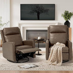 COLAMY Swivel Rocking Recliner,Wide PU Leather Glider Sofa Chair with Ergonomic High Backrest for Living Room, Office, Bedroom（Warm Gray）