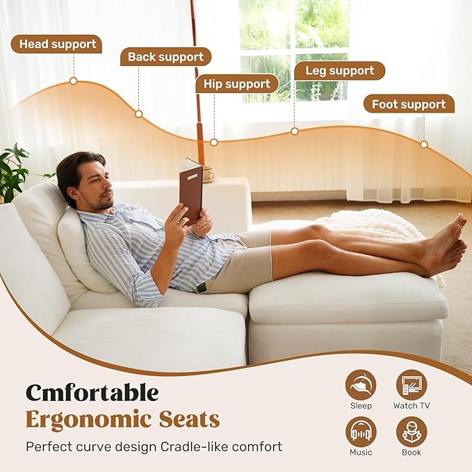 144" Cloud Sectional Couches for Living Room, Convertible U-Shape Couch with Ottoman, 6 Seater Modular Sectional Sofa,Beige Chenille