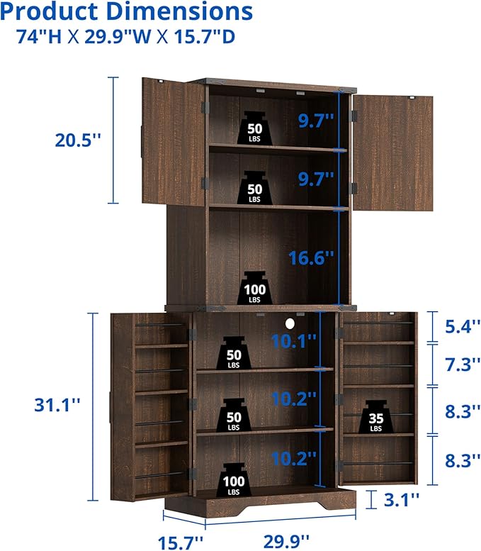 Cozy Castle 74" Farmhouse Pantry Cabinet with Charging Station, Tall Kitchen Storage Hutch Cabinet Coffee Bar Workstation, Sideboard Buffet Cupboard for Dining Room Living Room Furniture, Rustic Brown