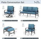 PHI VILLA 7 PCS Patio Furniture Set,Metal Outdoor Furniture with 1x 3 Seater Cushioned Deep Seating Bench Sofa, 2 Swivel Chair, 2 x Leg Chairs & 2 Ottoman for 7 Person, Navy Blue