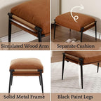 LukeAlon Upholstered PU Leather Footstool, Modern Ottoman Footrest Small Shoe Stool with Black Metal Legs Mid Century Vanity Stool with Armrests for Living Room Entrance Cushion Removable, Brown