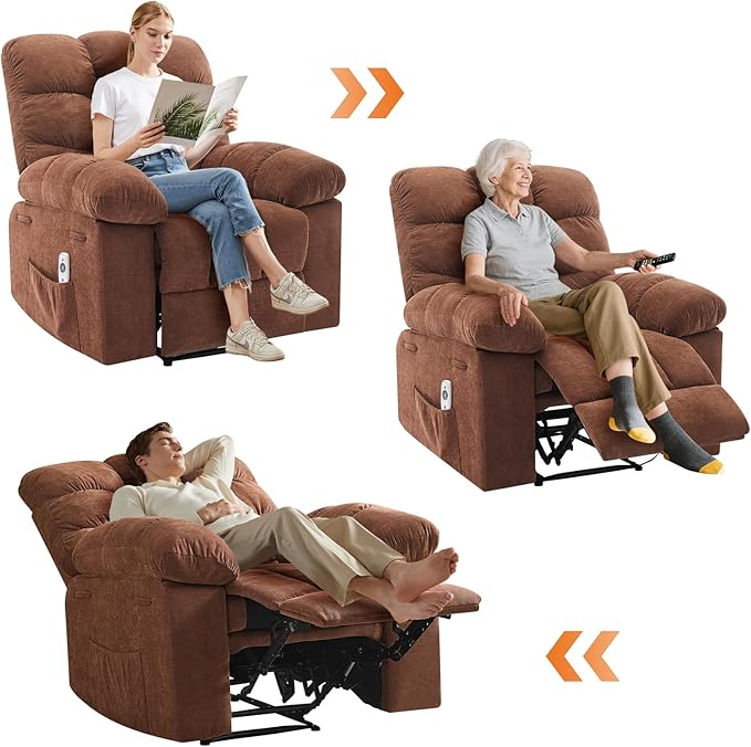 Recliner Rocking Chair with Massage and Heat, Wide Overstuffed Ergonomic Fabric Recliner with Breathable Upholstery, 2 Side Pockets & Remote Control for Living Room or Bedroom