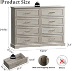 Farmhouse 8 Drawers Dresser for Bedroom, 54" Wide Modern Chest of Drawers with Deep Drawers & Bar Handles, Rustic Wood Dresser TV Stand, Wooden Closet Storage Organizer for Living Room, Hallway, Grey