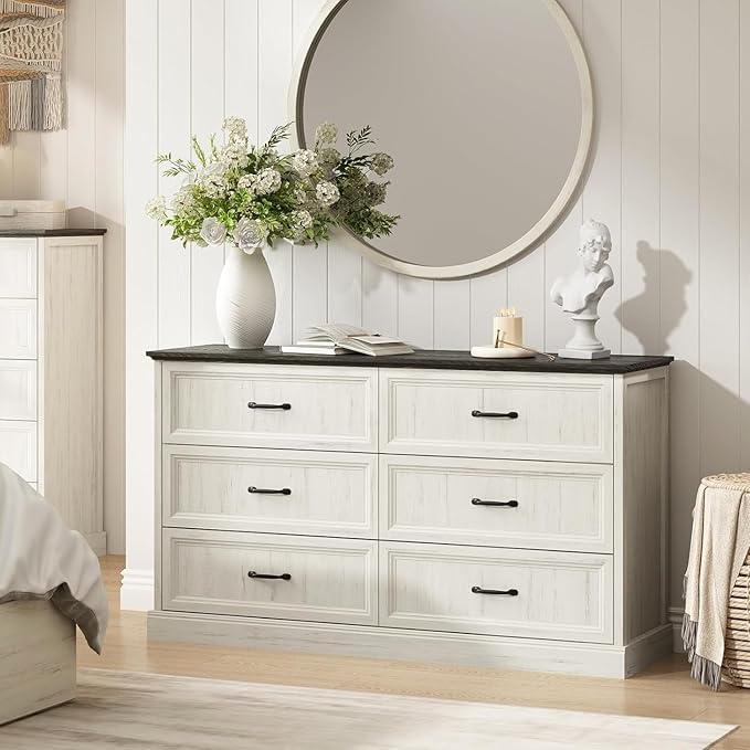 CARPETNAL Farmhouse Dresser and Nightstand Sets for Bedroom, 4 Pcs Bedroom Set, 5 Drawer & 6 Drawer Dresser and Nightstand Set of 2, Wood Chest of Drawers for Living Room, Entryway, White