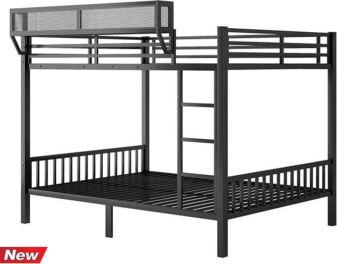 Higher Quality & Stronger Heavy Duty Industrial Style Metal Queen Over Queen Bunk Bed, Thickened More Stable Black Steel Bunkbed Bunk Queen Bed (Easier to Assemble)