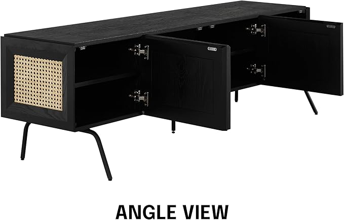 NTC Mossic TV Media Cabinet with 4 Doors for TVs, Entertainment Center with Natural Rattan, Metal Legs, Modern Storage Console for Living Room and Bedroom, Effortless Assembly, Burnt Black
