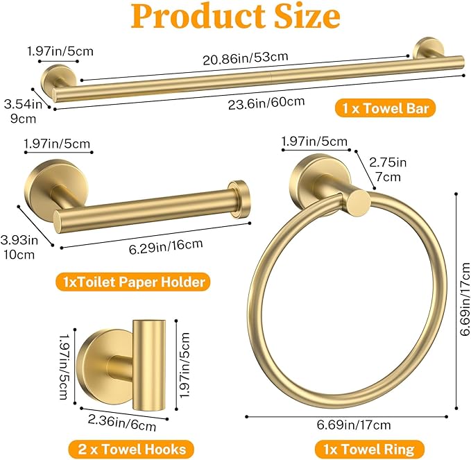 Brushed Gold Towel Bar Set 5 Pieces Round Bathroom Hardware Set Includes 23.6in Towel Bar Towel Ring Toilet Paper Holder Towel Hooks Stainless Steel Wall-Mounted Bathroom Towel Holder Set