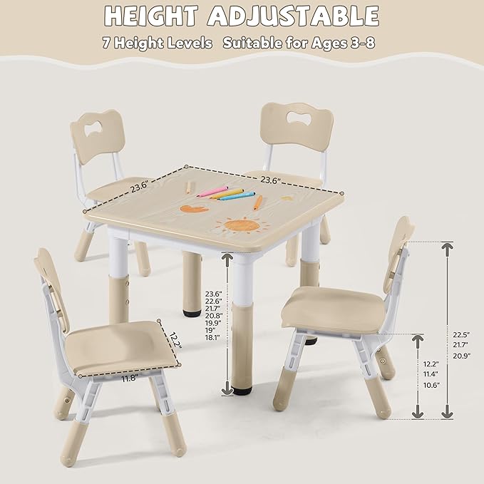 Adjustable Kids Table Chairs Set – Graffiti Desktop, Multi-Activity Height-Adjustable Toddler Study Desk for Ages 3-8 – Ideal for Home, Classroom, Daycare (W-Wood, 4 Chairs-23.6" L x 23.6" W)