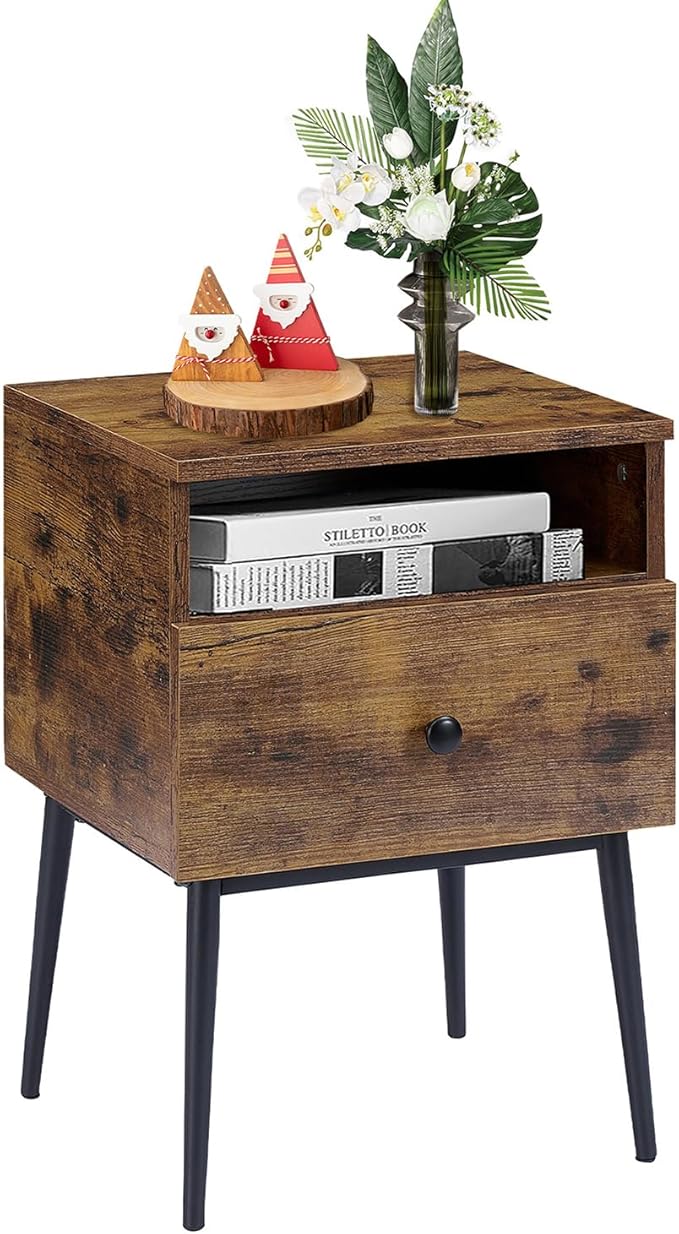 VECELO Modern Wood Night Stand,Square End Table Side Table with Drawer and Storage Space for Bedroom and Living Room