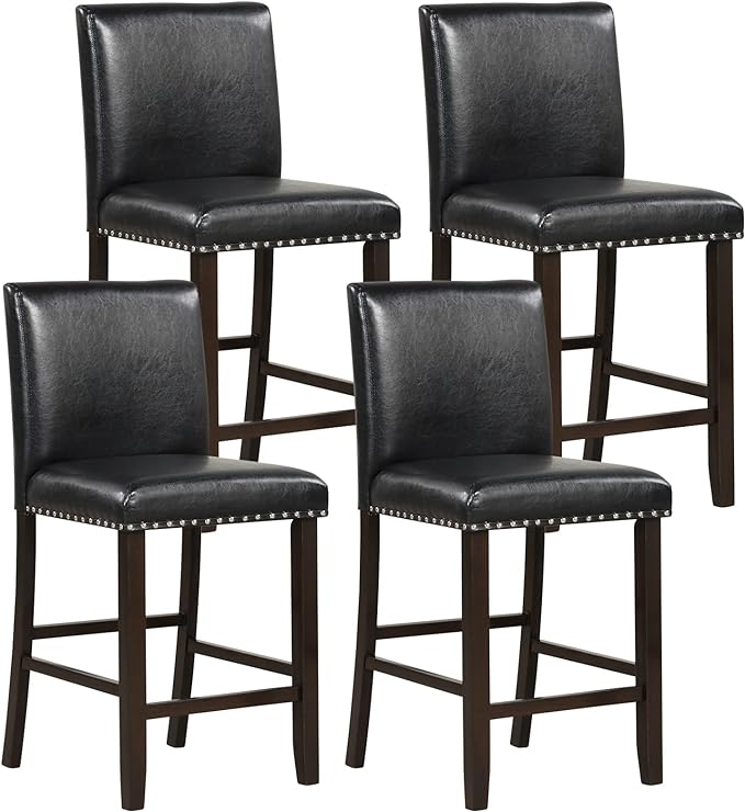 COSTWAY Bar Stools Set of 4, 25.5” PVC Leather Armless Counter Height Chair with Back, Kitchen Island Breakfast Chair for Dining Room, Party Room & Restaurant (4, Black)