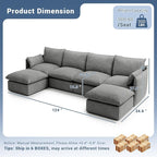 124" Cloud Modular Sectional Sofa, Waterproof Down Filled Sectional Couch, High Backrest U Shaped 4 Seater Couch with 2 Ottomans, Modern Modular Sofas with Removable Cover, Dark Gray