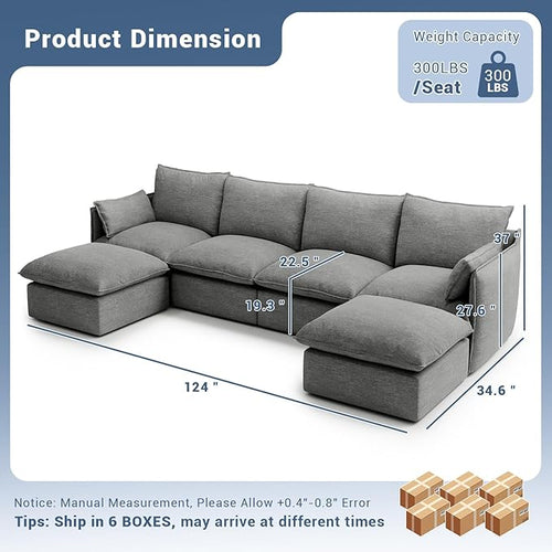 124" Cloud Modular Sectional Sofa, Waterproof Down Filled Sectional Couch, High Backrest U Shaped 4 Seater Couch with 2 Ottomans, Modern Modular Sofas with Removable Cover, Dark Gray