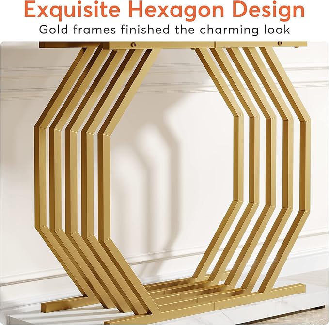 Tribesigns Gold Console Table, Faux Marble Entryway Table Narrow Sofa with Geometric Metal Base, 40 Inch Modern Accent Entrance for Living Room, Hallway, Foyer, White and Gold