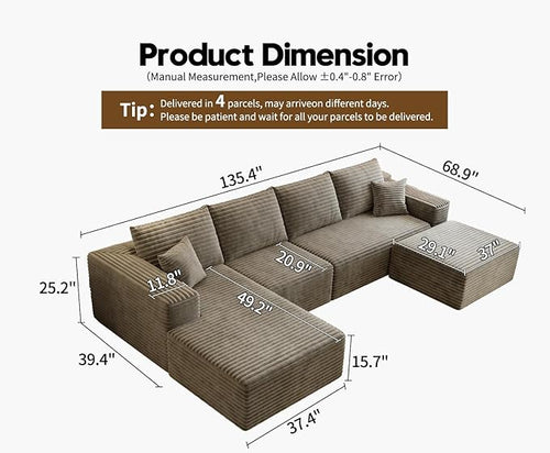 135.4" Cloud Sectional Couch with 1 Ottoman,Modern Modular Sofa with Deep Seat, Comfort U Shaped Sofa Couches for Living Room Bedroom Apartments,No Assembly Required, (Camel,Left Facing Chaise)