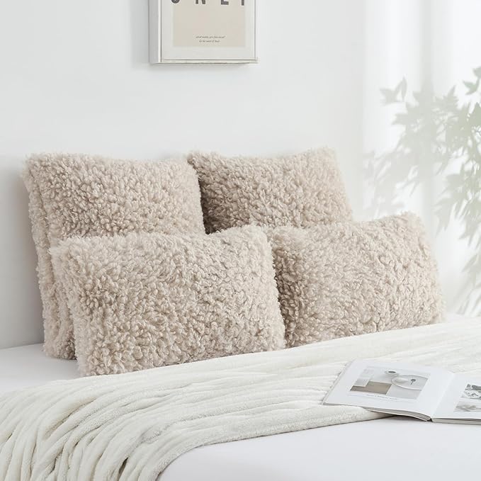 FUTEI Beige Decorative Throw Pillow Covers 22x22 Inch Set of 2,Soft Fluffy Faux Wool Fur Boucle Textured Cushion Case,Modern Home Decor for Couch Bed Living Room Office