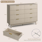 CARPETNAL Fluted 8 Drawer Dresser for Bedroom, 55" Wide Wooden Chest of Drawers with Rounded Corners, Gold Handles, Modern Storage Organizer for Bedroom, Hallway(Beige)