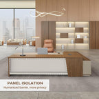 Modern L Shape Executive Desk with Drawers and Lockable Storage Cabinet, Large Executive Office Desk with Cable Management (Champagne Wood Grain+Beige/Left,79" L*63" W*30" H)