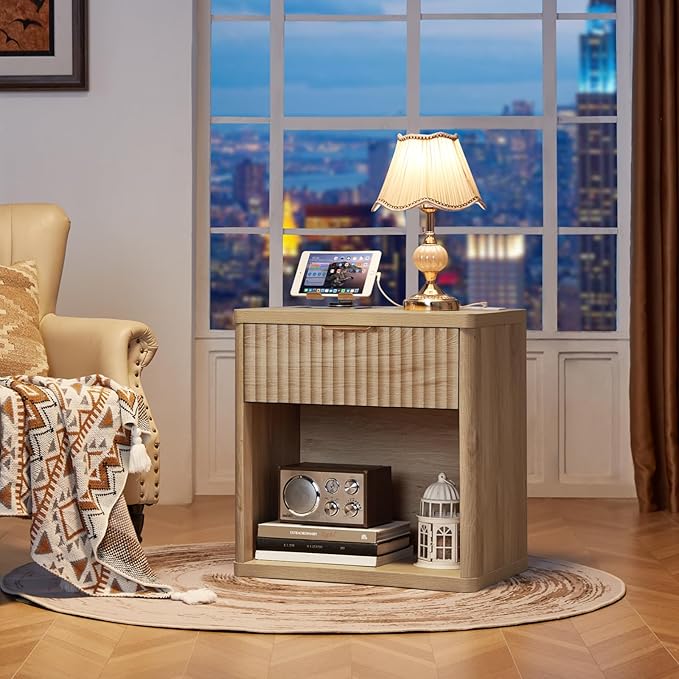 LEYAOYAO Fluted Nightstand with Charging Station, 23" Wide 1 Drawers End Table,Natural Night Stand with Open Storage Cabinet, Farmhouse Bed Side Tables, Wood Dresser for Bedroom, Living Room, Closet