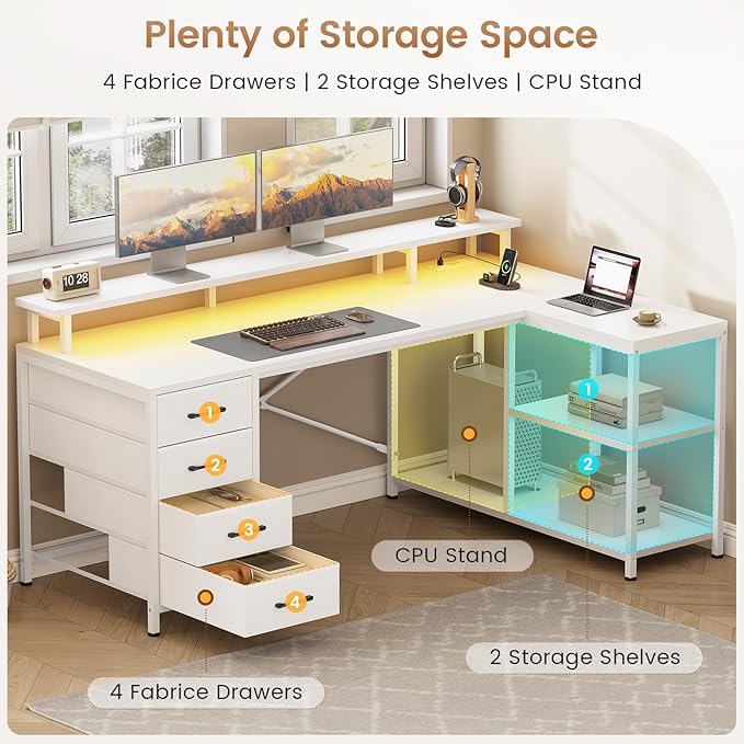SEDETA L Shaped Desk with 4 Drawers and Storage Shelves, L Shaped Gaming Desk with LED Lights & Power Outlets, Computer Desk with Shelves & Drawer, Corner Desk Home Office Desk, White