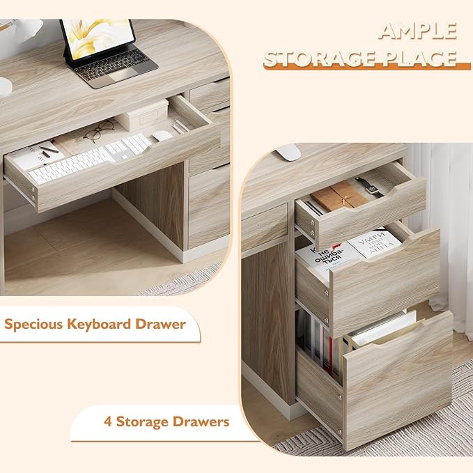 48 Inch Small Desk with Drawers, Computer Desk with Storage File Cabinet for Bedroom, Office Desk with Storage for Small Space, Walnut