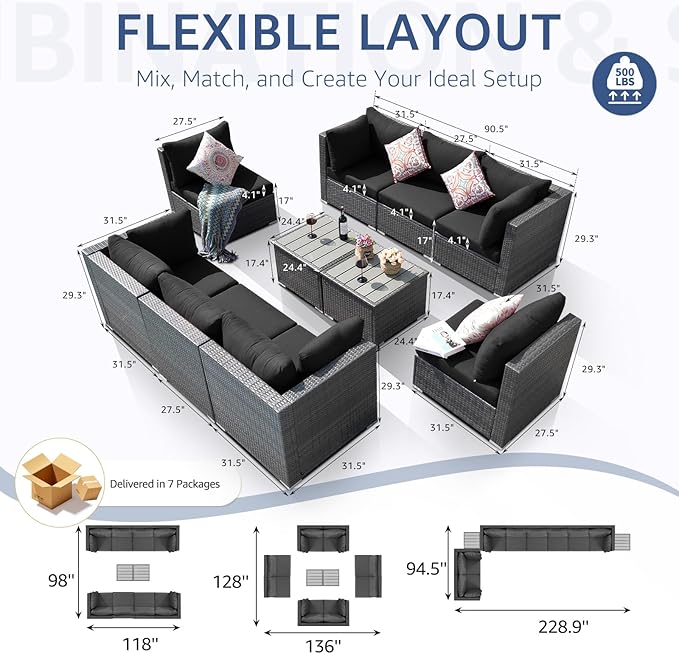 NICESOUL 10 Piece Outdoor Patio Furniture Set, Extra Large Wicker Modular Sectional with Side Tables, 29.3'' High Back Comfortable Rattan Conversations, Modern Couches Gray Color for Exteriors, Gray