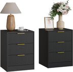3-Piece Modern Bedroom Furniture Set, Wide 7-Drawer Dresser & 3-Drawer Nightstands Set of 2, Natural Wood Dresser and Nightstand Sets for Bedroom, Hallway, Black