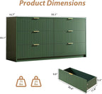 3-Piece Dresser Bedroom Set, 6 Drawer Dresser & 3 Drawer Nightstands with Gold Handles, Fluted Wood Chest of Drawers for Bedroom, Living Room, Entryway, Green