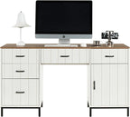 55" Executive Desk, Modern Wood Office Table with Charging Station, 5 File Drawer & 1 Storage Cabinet, Home Computer Writing Desk for Work Study, Living Room, Bedroom (White)