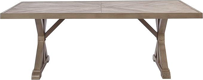 Signature Design by Ashley Beachcroft Modern Farmhouse Outdoor Rectangular Dining Table with Porcelain Table Top, Seats 6 to 8, Umbrella Hole with Cap, Beige