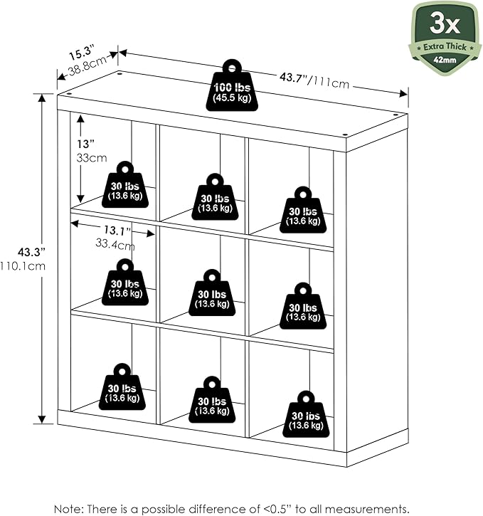 Furinno Cubicle Book Shelf, 9-Cube Bookshelf, Triple Thick Frame Cube Storage Organizer, Bookcase, 15.4 x 43.8 x 43.4, for Home Office, Living Room, Black Oak