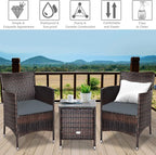 COSTWAY 3 PCS Patio Furniture Set, Outdoor Wicker Conversation Set with Tempered Glass Coffee Table, Seat Cushions, Rattan Wicker Chairs for Poolside Balcony Porch Backyard, Gray