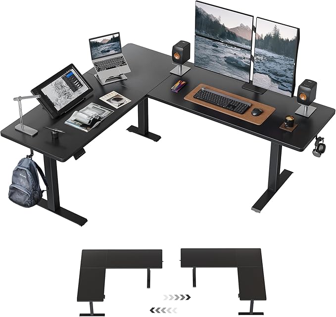 BANTI L-Shaped Standing Desk - 75 x 63 Inch Adjustable Corner Standing Desk with Charging Station - L Shape Sit Stand Table with Memory Controller, Splice Board for Home Office