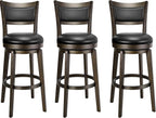 PrimeZone Swivel Bar Stools Set of 3, 30 Inch Bar Height Barstools, Black Faux Leather Bar Stool with High Backrest & Solid Wood Legs & Wrap-Around Footrest, Counter Stools for Kitchen Island, Pub