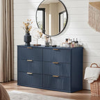 LEYAOYAO Fluted 6 Drawers Dresser Set of 2, 48" Wide Modern Chest of Drawers with Woodgrain Top, Curved Profile Design, Dresser TV Stand, Wood Drawer Organizer for Bedroom, Living Room, Hallway,Blue