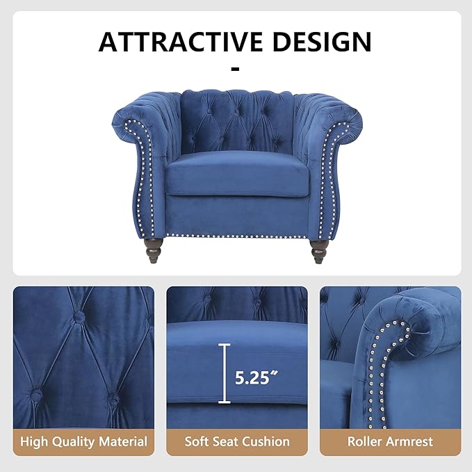 2 Piece Living Room Furniture Set, Velvet Loveseat and Chair Set, Mid Century Modern Upholstered Sofa Couch with Cushions, Comfy Tufted Chesterfield Couches for Living Room, Bedroom, Office