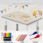 Adjustable Kids Table Chairs Set – Graffiti Desktop, Multi-Activity Height-Adjustable Toddler Study Desk for Ages 3-8 – Ideal for Home, Classroom, Daycare (W-Gray, 4 Chairs-31.5" L x 23.6" W)