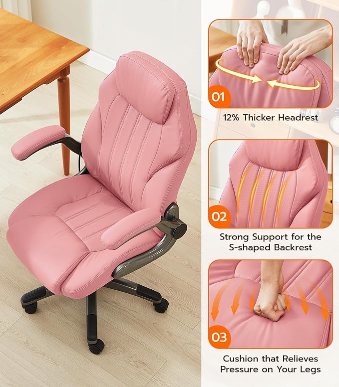 Office Desk Chair, Ergonomic Computer Chair with Padded Flip-Up Arms and Adjustable Lumbar Support, PU Leather Executive Chair with Tilt Lock and 360° Swivel Rolling Wheels for Work, Study
