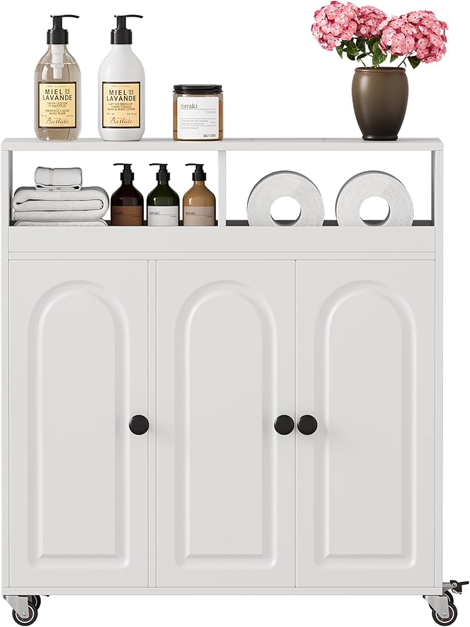 Bathroom Storage Cart with Doors，3-Door Cabinet & Divided Open Shelf，Rolling Organizer Cart for Bathroom, Toilet，White (2)
