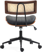 Home Office Chair with Wheels, Adjustable Height Desk Chair with Rattan Backrest, Leather Swivel Computer Chair, Armless Modern Walnut Chair for Office, Meeting Room, Black