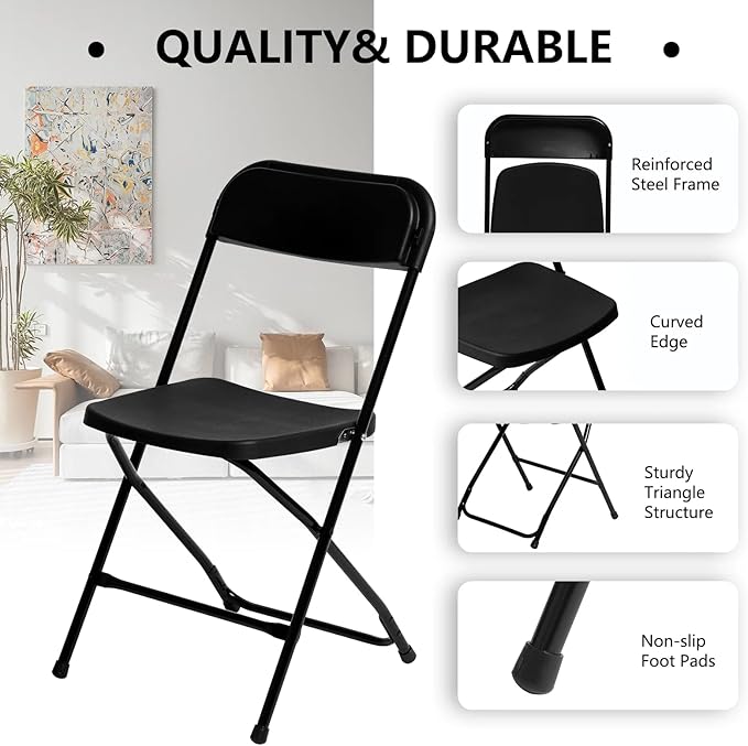 SEALAMB Plastic Folding Chairs 30 Pack, Black Commercial Portable Indoor/Outdoor Chairs for Home Office, Wedding, Events Parties with Steel Frame, 350lbs Capacity (Black-Plastic, 30 Pack)