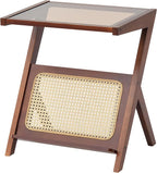 VEVOR End Table, Z-Shaped Rattan Woven Bamboo Coffee Table with Tempered Glass Top, 20” Modern Boho Storage Coffee Table with Natural Bamboo Legs, for Living Room, Bedroom & Small Spaces