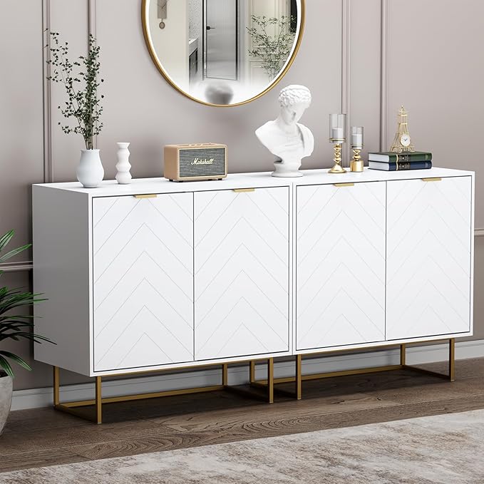Scurrty Set of 2 31.5'' Sideboard Buffet Cabinet with Storage, Top Weight Capacity 150lbs Sideboard Storage with Doors and Adjustable Shelf, Accent Cabinet for Living Room, Kitchen, White