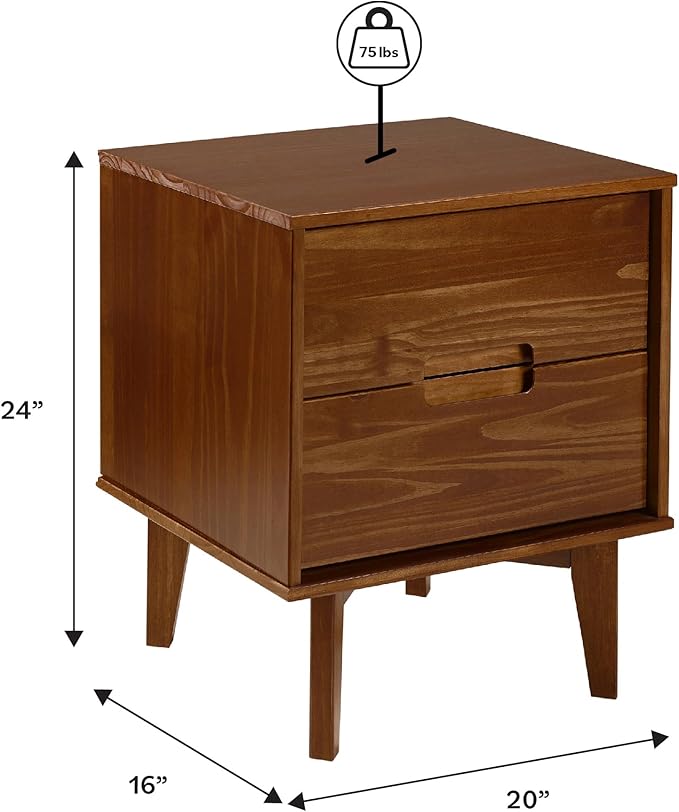 Walker Edison Mid Century Modern Grooved Handle Wood Nightstand Side Table Bedroom Storage Drawer and Shelf Bedside End Table, 2 Drawer, Walnut