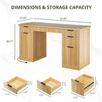 FURSUN 58" Fluted Modern Desk with Storage, Home Office Desk with 1 File Cabinet & 5 Drawers, Wood Executive Computer Writing Desk for Study, Living Room, Bedroom, Natural Oak