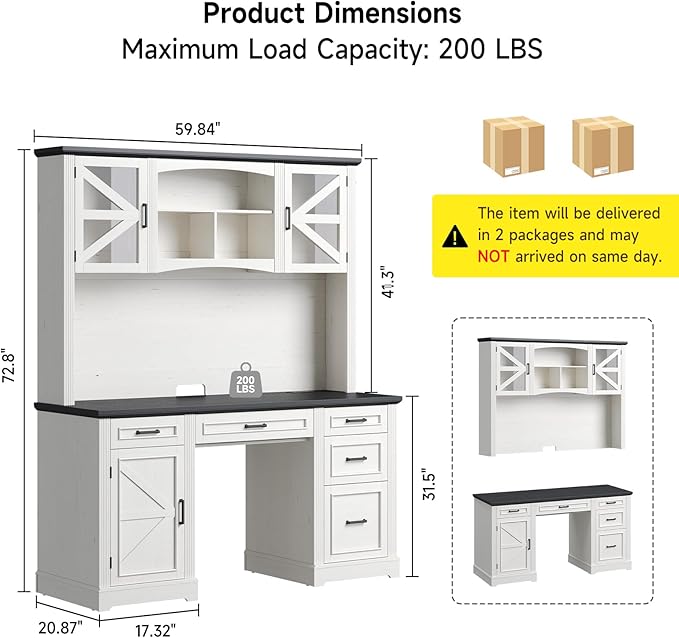 ONBRILL 72" H Farmhouse Executive Desk with Hutch, Office Desk, Computer Desks with Charging Station, Computer Workstations with 5 Drawers and Storage Cabinet for Home, Office, Off White & Black