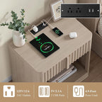 Fluted Nightstand Set of 2 with Charging Station, 23.6" Wood End Table with Solid Wood Handle, Curved Profile Design, Mid Century Moden Bedside Table for Bedroom, White Alder