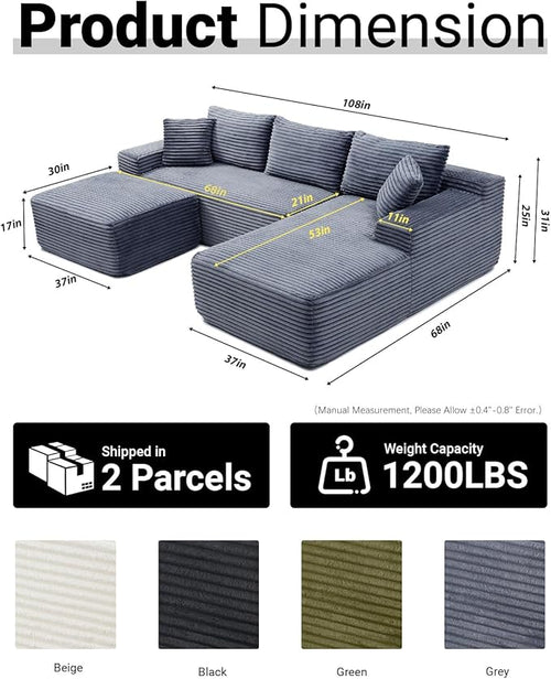 108 Inch Cloud Sectional Couch,Modern Modular Sectional Sofa with Deep Seat,Corduroy Boneless Couches with L-Shape Chaise for Living Room,No Assembly Required (Grey, Right Facing Chaise + Ottoman)
