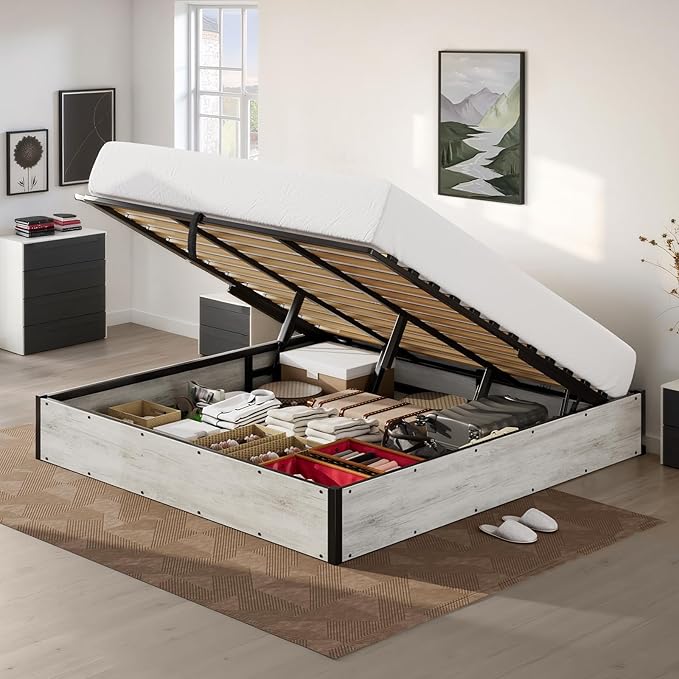 Lift Up Storage Bed Frame, King Size Wooden Platform Bed with Large Storage Underneath, No Box Spring Needed, Noise Free, Distressed White